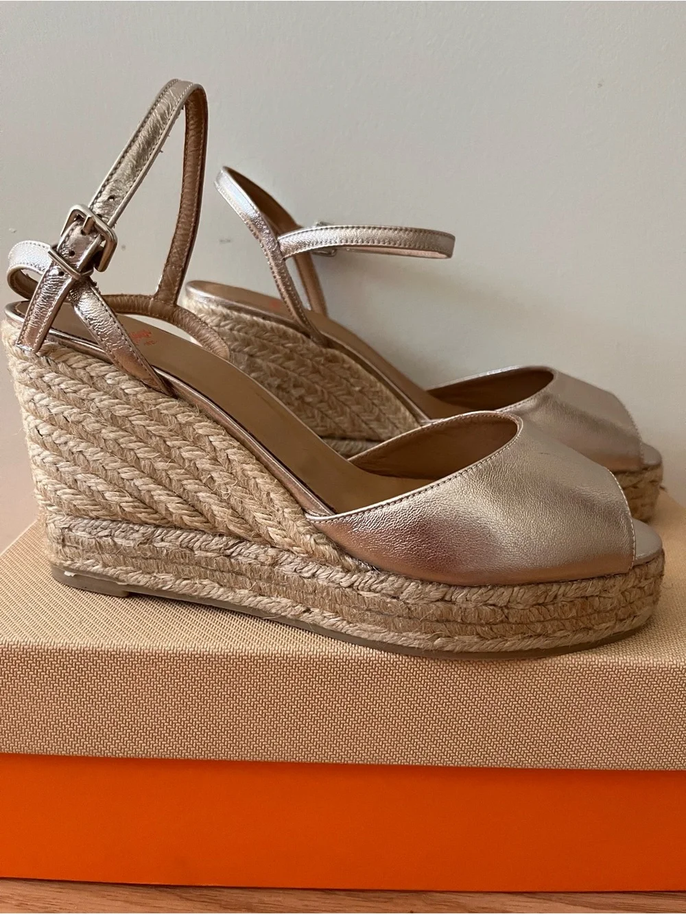 Castaner Metallic Silver Braided Jute Espadrille Wedges - NIB